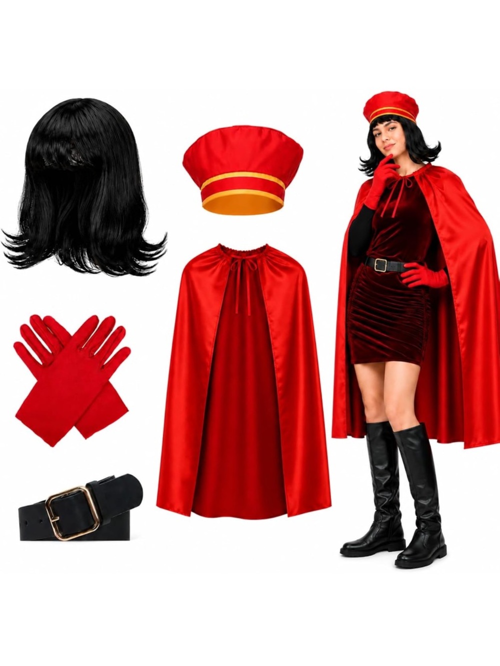 Shrek Lord Farquaad Costume Halloween King Black Wig Red Cape Gloves Belt NIP